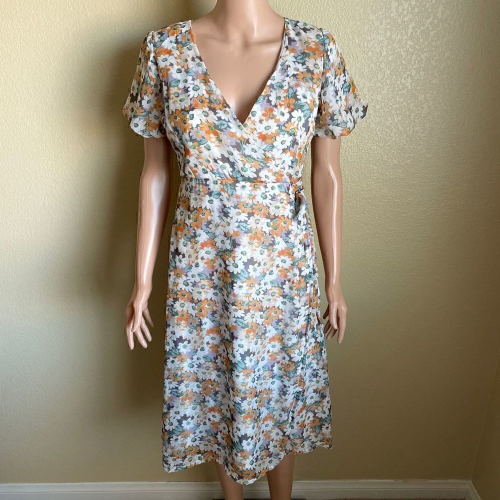 Mango Floral Puff Sleeve Side Tie MIDI Dress